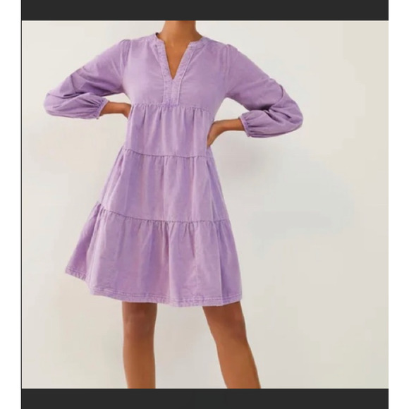 Anthropologie Harper Corduroy Tiered Long Sleeve Dress Pink Size Medium Petite - Picture 1 of 7